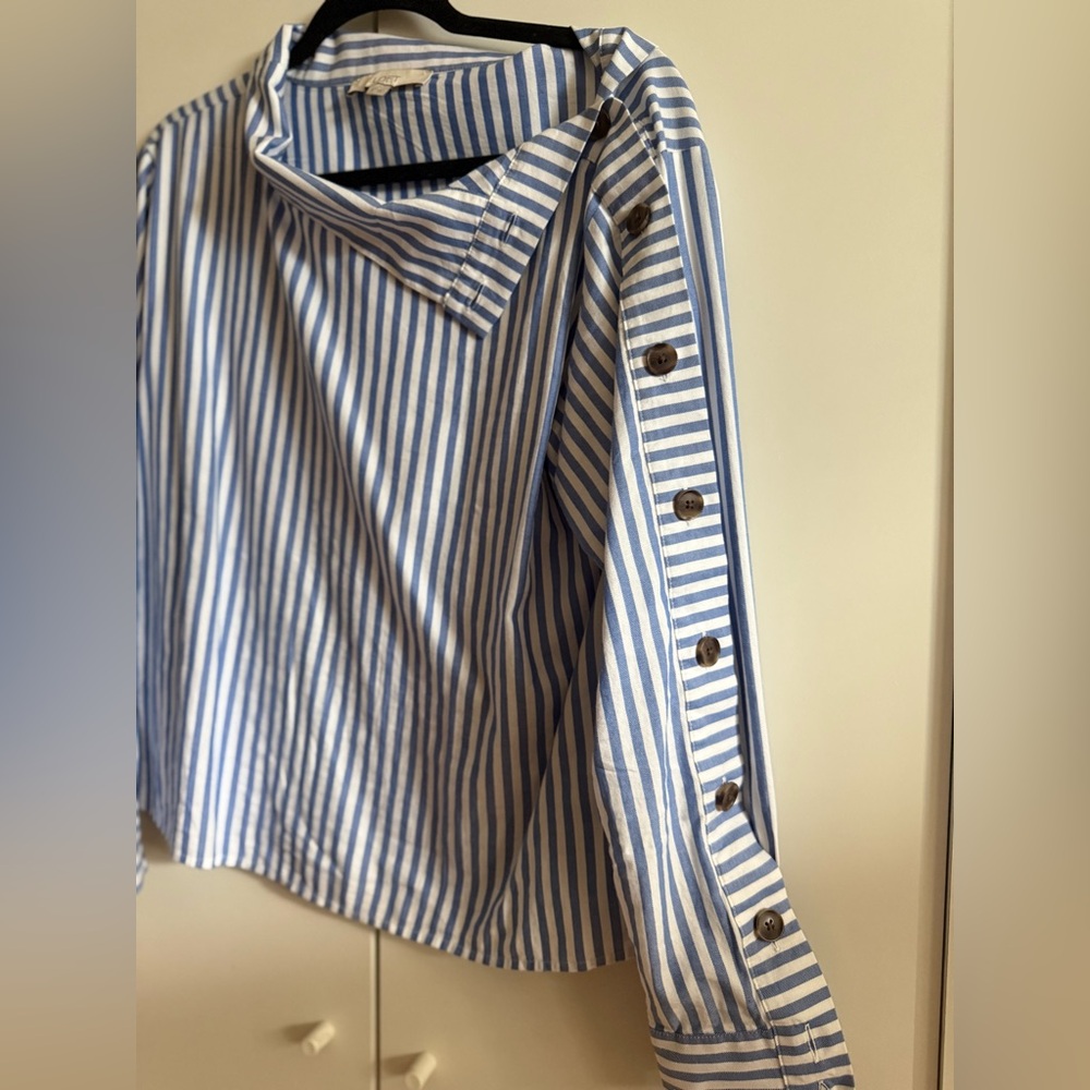 LOFT Blue & White Vertical Stripe Button-Trim Blouse